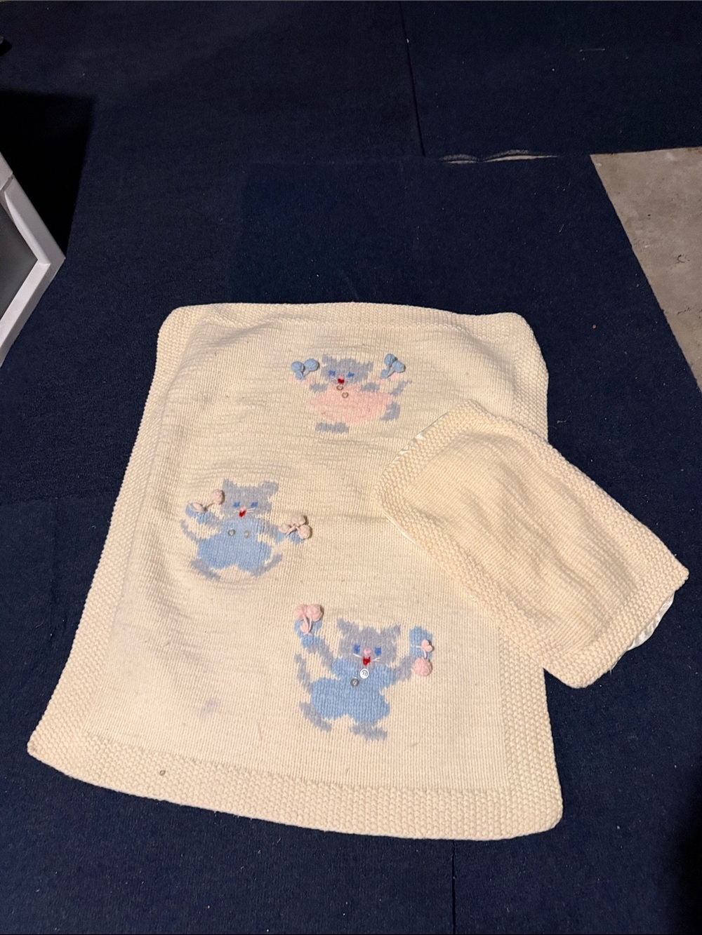 VINTAGE  Cream Baby Knit Blanket and pillow w/Blue kitten with pale pink pom pom